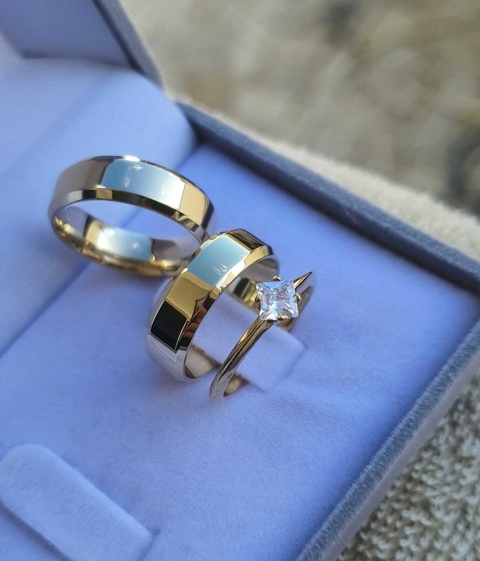 Combo Alianças em Moedas Antigas 6mm chafradas + Solitario