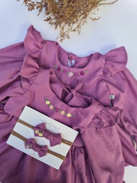 Vestido Luíza - Linho orquídea - Bordado à mão