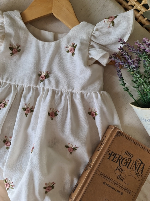 Vestido Magnólia - Linho Off White - Mini rosas