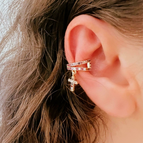 Fake piercing Dourado Colorido Cruz