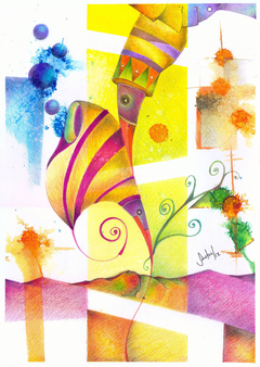 Armonía sobre un campo de color- Pieza de 25x35 cm, sobre papel, Ecoline y lápices de color 2018