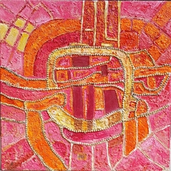 La ruta de la seda / 2025 / Óleo con piedra pómez sobre lienzo, maderas y cadenas / 50 x 40 cm. / $1000