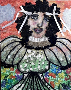 MISAELA / Técnica: collage: tul bordado, puntilla, cordones, pompones, pasteles y papel de empapelar / Medida 40 cm x 50 cm / Valor $18.000 ARS - comprar online