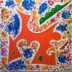 "Perro naranja"; técnica: Acrílico sobre tela. Medidas: 76 x 76 cm. Precio US $700.