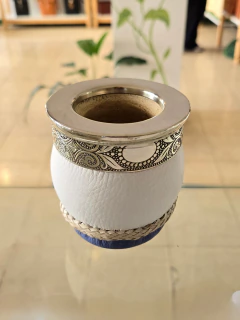 Mate imperial alpaca cuero blanco azul