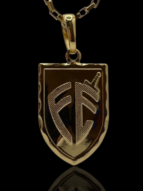 PINGENTE ESCUDO FÉ TAMANHO P - 2X1,5CM - BANHADO A OURO 18K