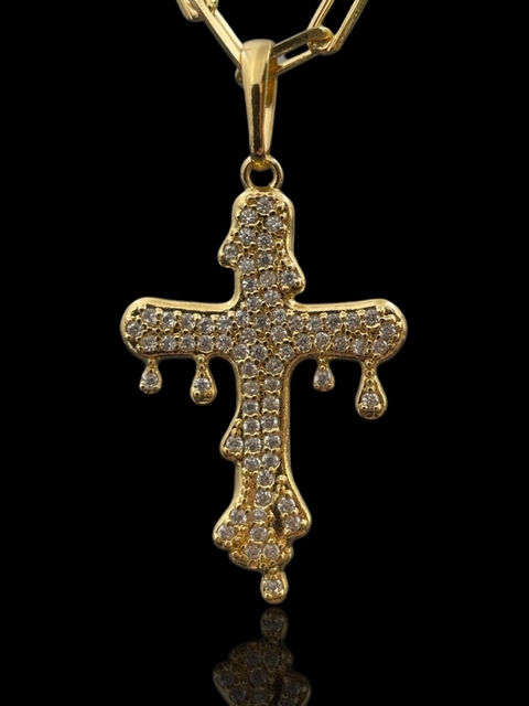 PINGENTE CRUZ CRAVEJADA COM ZIRCÔNIAS TAMANHO M - 4X2,5CM - BANHADO A OURO 18K
