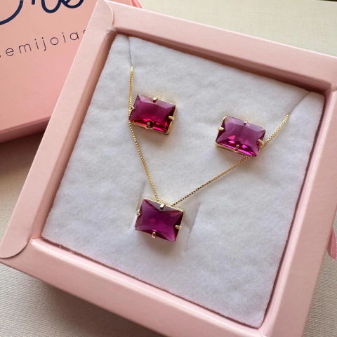Conjunto Delicadeza Colar e Brinco Zircônia Rosa - Banhado no Ouro 18k - comprar online