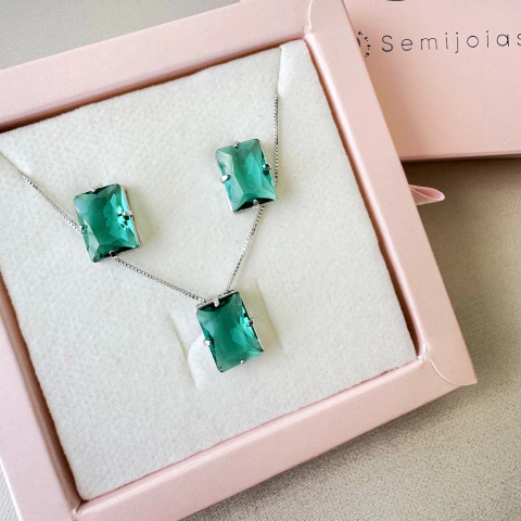 Conjunto Delicadeza Colar e Brinco Zircônia Verde - Banhado no Ródio - comprar online