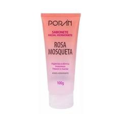 Embalagem do sabonete hidratante facial Rosa Mosqueta da marca Porán, destacando suas propriedades de limpeza e hidratação.