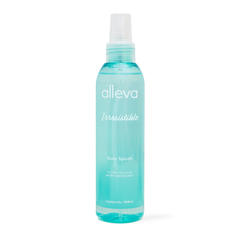 Frasco de Body Splash Irresistível da Alleva, 200ml, com tampa spray e líquido azul claro.