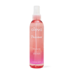 Frasco de Body Splash Passione Alleva 200ml, com tonalidades rosa e informações sobre aroma floral e frutado.