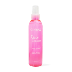 Frasco de Body Splash Essência de Rosas Alleva 200ml com líquido rosa e spray.