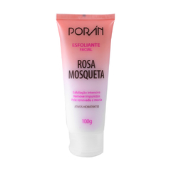 Tubete de esfoliante facial Rosa Mosqueta Porán de 100g, com rótulo destacando seus benefícios para a pele.