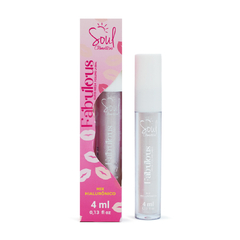 Gloss labial Mega Volume Fabulous Cor 02 da Soul Cosméticos em embalagem rosa e branca, com 4ml.