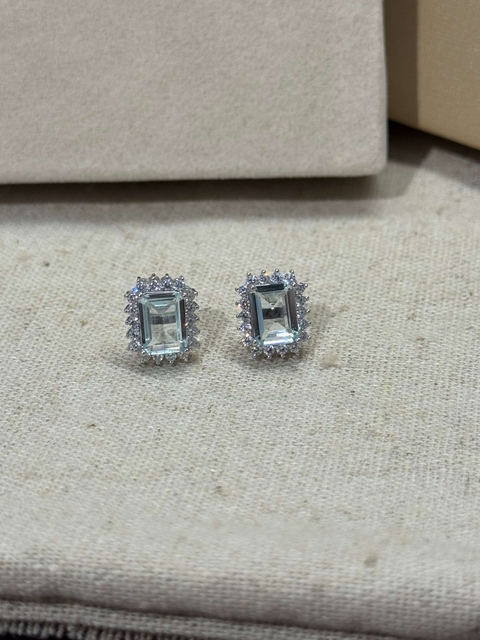 Brinco Retangular Azul Ag. Marinha 6mm Prata 925