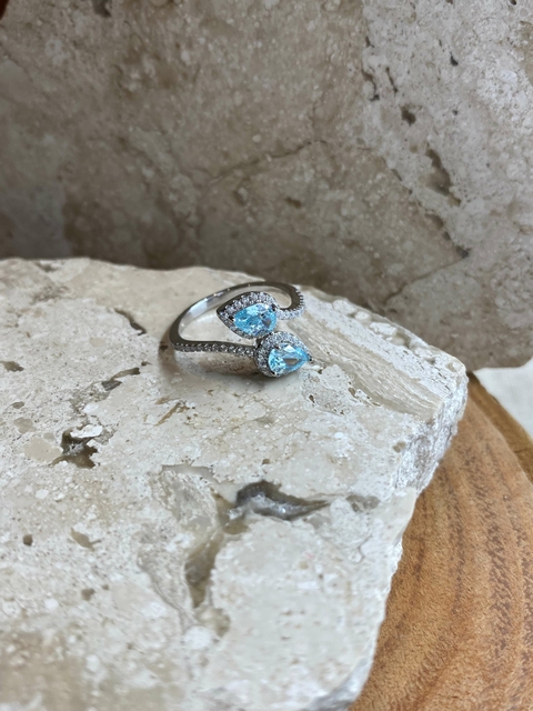 Anel Gotas Azul Água - Marinha Prata 925