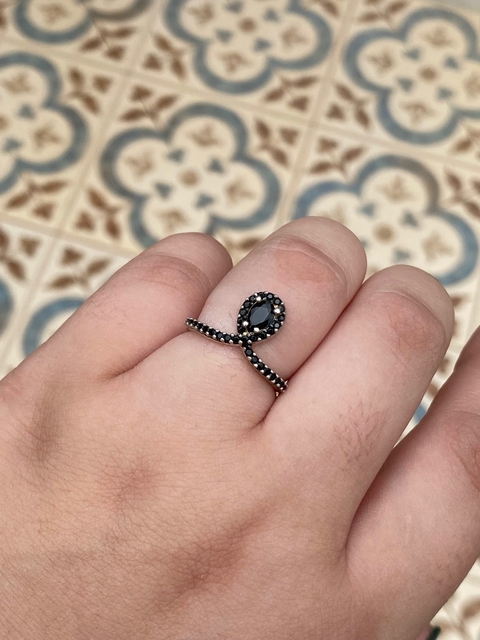 Anel Gota Zirconia Negra Prata 925