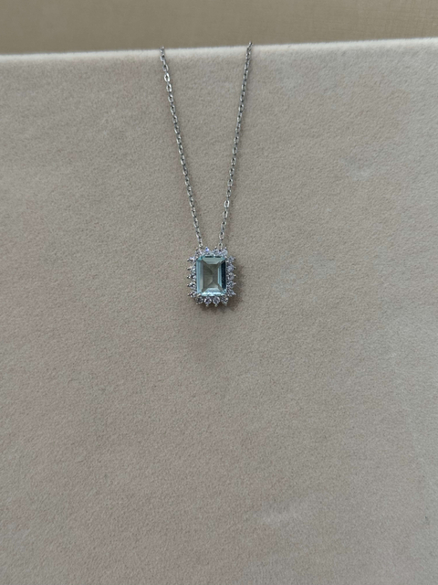 Colar Retangular 40/45cm Azul Agua Marinha Prata 925