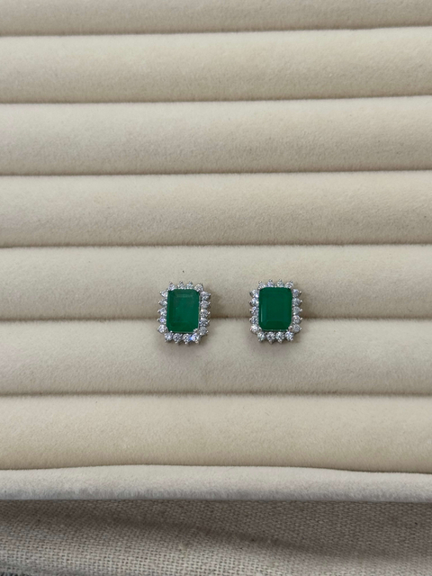 Brinco Retangular Verde Esmeralda 6mm Prata 925