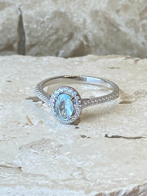 Anel Solitario Agua Marinha Prata 925