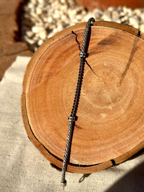 Pulseira Detalhe Riviera Negra Prata Unissex - Prata 925