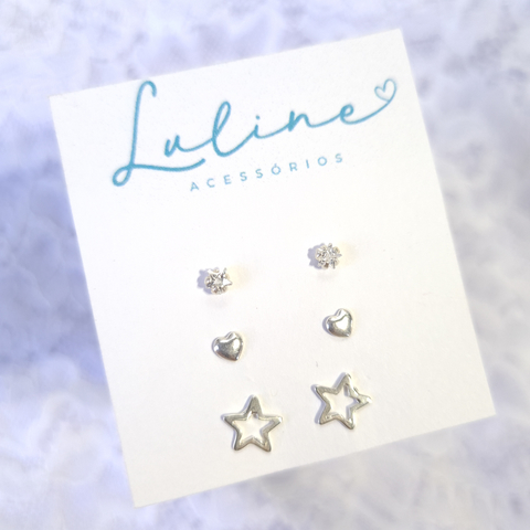 KIT TRIO ESTRELA VAZADA M + ZIRCÔNIA + CORAÇÃO MINI