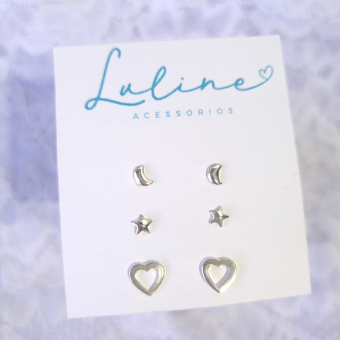 KIT TRIO DE BRINCOS CORAÇÃO VAZADO M + LUA + ESTRELA MINI