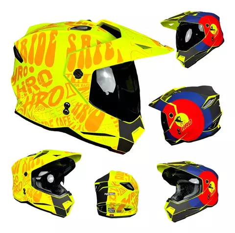 CASCO HRO MX330 WRITTER AMARILLO/AZUL, VISOR OSCURO XL