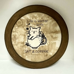 Quadro moldura em madeira Bordado Gato na Xícara de Café na internet