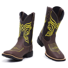 Bota Botina Texana em Couro Bordado Asa Amarela Sola de Borracha - Django Boots - Botas Texanas Country em Couro, Adulta, Infantil, Masculina e Feminina