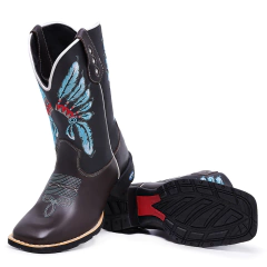 Bota Botina Texana em Couro Bordado Índio Cocar Azul Sola de Borracha - Django Boots - Botas Texanas Country em Couro, Adulta, Infantil, Masculina e Feminina