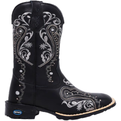 Bota Texana Feminina Couro Bordada Flores Negras Preta