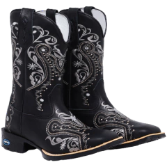 Bota Texana Feminina Couro Bordada Flores Negras Preta - comprar online