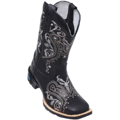 Bota Texana Feminina Couro Bordada Flores Negras Preta - Django Boots - Botas Texanas Country em Couro, Adulta, Infantil, Masculina e Feminina