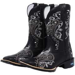 Imagem do Bota Texana Feminina Couro Bordada Flores Negras Preta