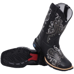 Bota Texana Feminina Couro Bordada Flores Negras Preta