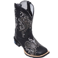 Bota Texana Feminina Couro Bordada Flores Negras Preta - comprar online
