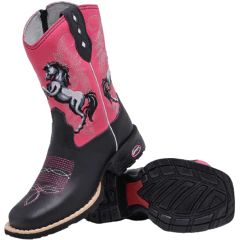 Bota Texana Infantil Menina Couro Legítimo Bordado Cavalo - Django Boots - Botas Texanas Country em Couro, Adulta, Infantil, Masculina e Feminina