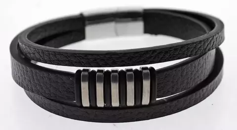 Pulsera negra cuero y acero quirúrgico Mod 21