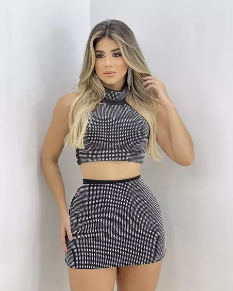 Conjunto Feminino Top E Saia Com Pedraria Queensland
