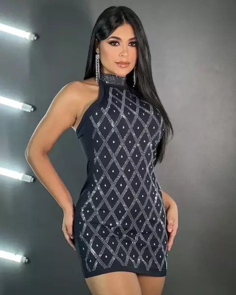 Vestido Curto Em Poliamida Com Pedraria Budapeste