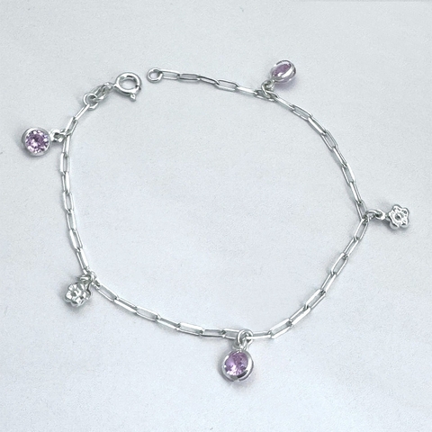 Pulsera Plata 925 Flores y Zircones Rosa