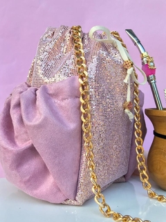 Bolsa Mateira para chimarrão com alça dourada (Rosa com brilho)