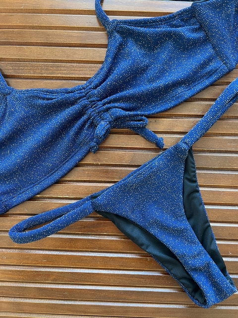 Biquíni Amarração Frontal Meio Fio Azul Marinho Lurex