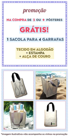 Informativo promocional compre 3 ou mais poster ganhe sacola tecido porta 4 garrafas com alça de couro, imagens da sacola em diferentes ângulos.