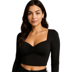 Blusa Feminina Curta Franzidinha Manga Longa