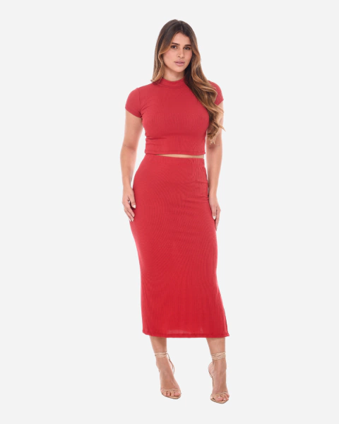 Conjunto Feminino Cropped Com Saia Midi em Malha Canelada - loja online