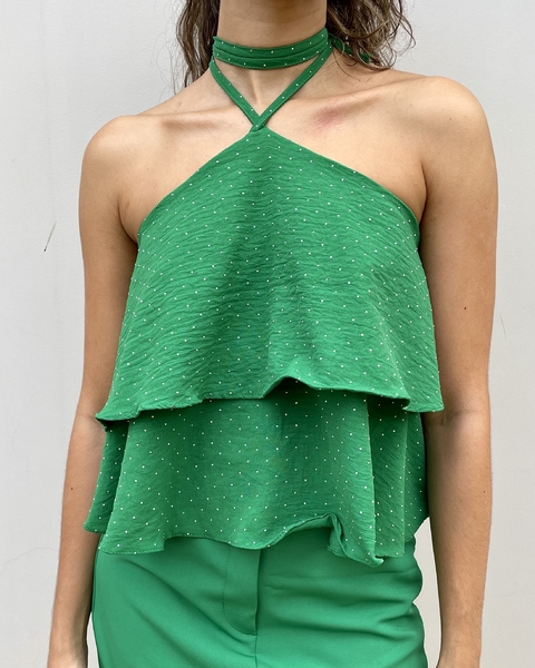 Blusa de babados com strass e amarração no pescoço - Verde