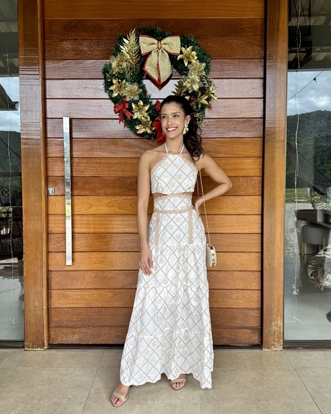 Vestido longo de laise com amarração nas costas branco com bege